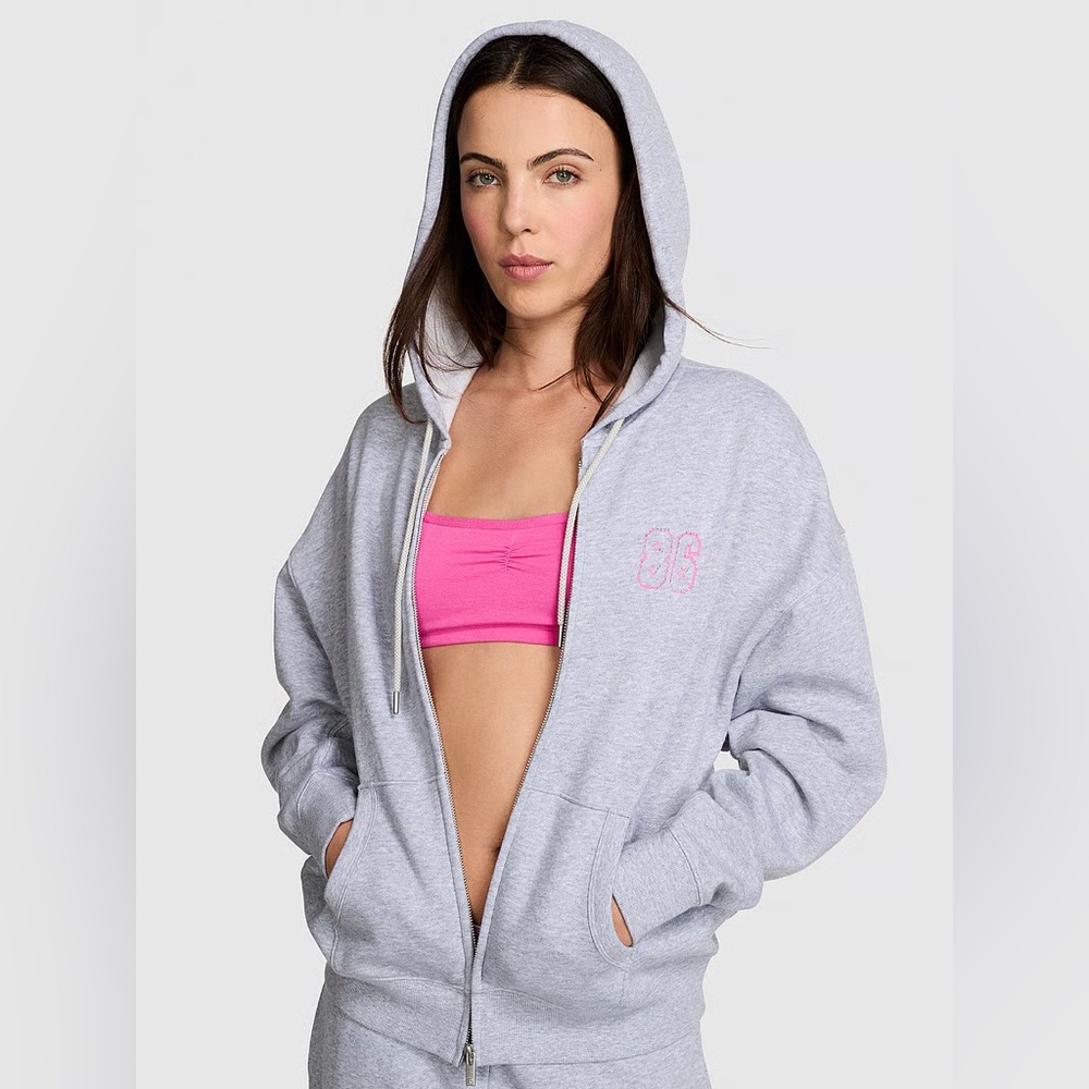 Victoria's Secret PINK Campus Fleece Full-Zip Vs Medium Heather Grey Band XS
